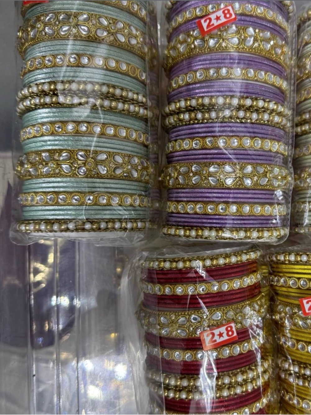 Gold and Pale Blue Pearl Embellished Bangles Set